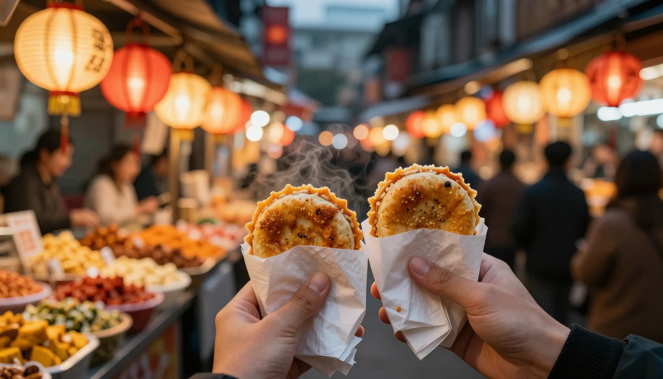 Vibrant Asian night market with glowing paper lanterns and street food