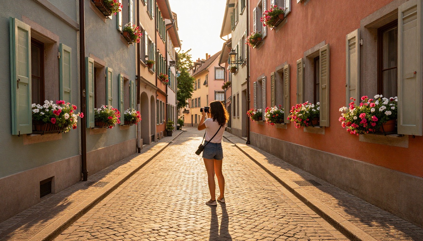 Young woman photographing a narrow European cobblestone alleyway at golden hour