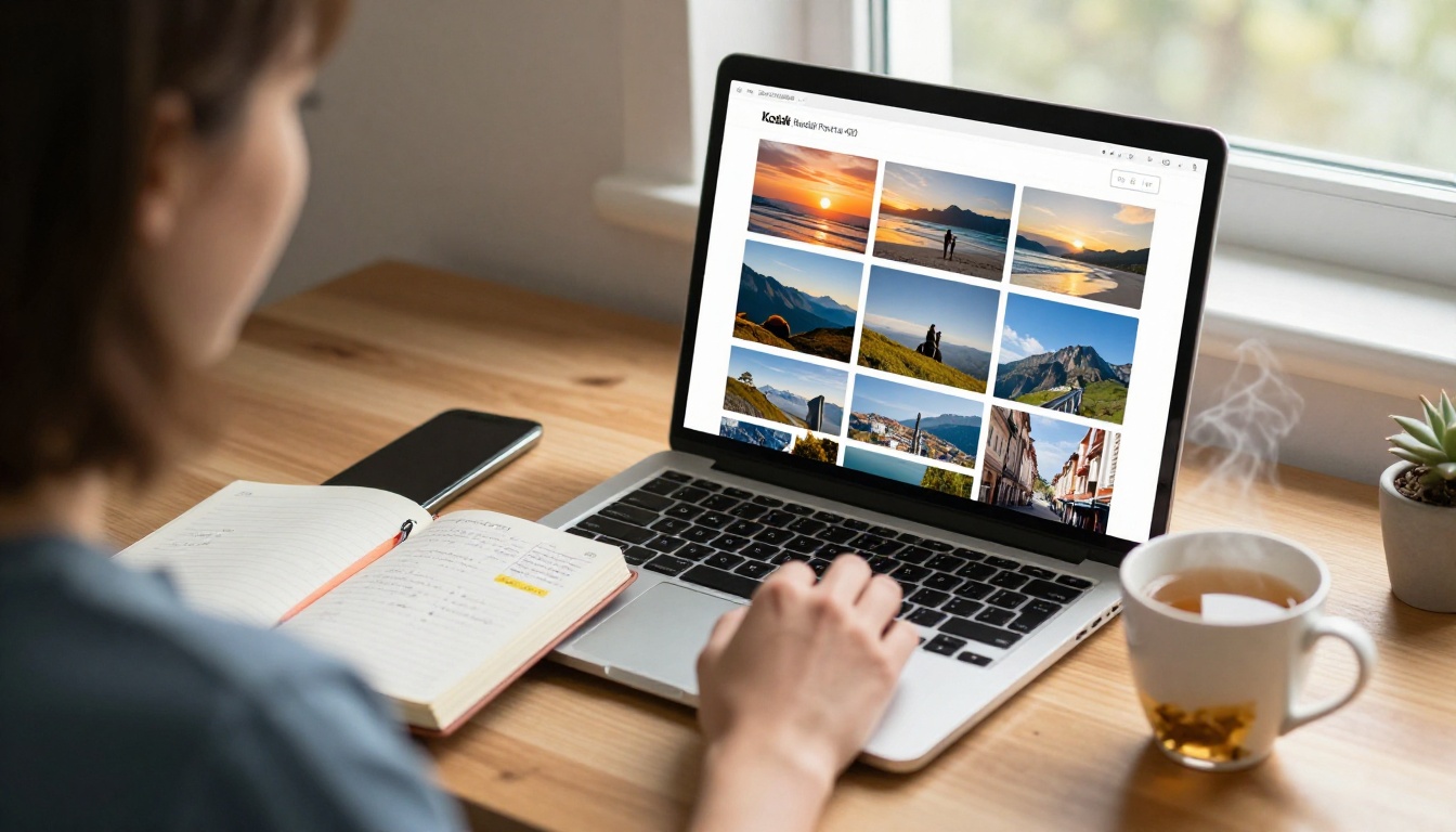 Person organizing travel photos on a laptop at a wooden desk
