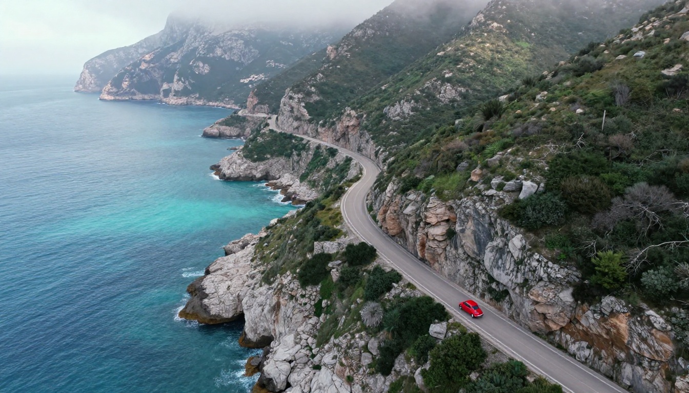 Aerial view of a winding coastal cliff road with turquoise Mediterranean ocean