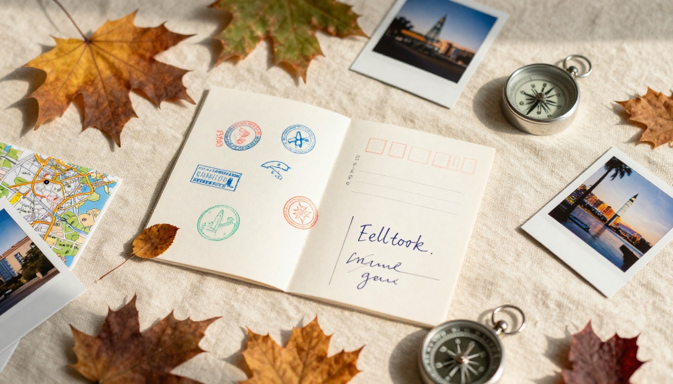 Travel memorabilia flat lay with passport stamps, postcards, and Polaroid photos