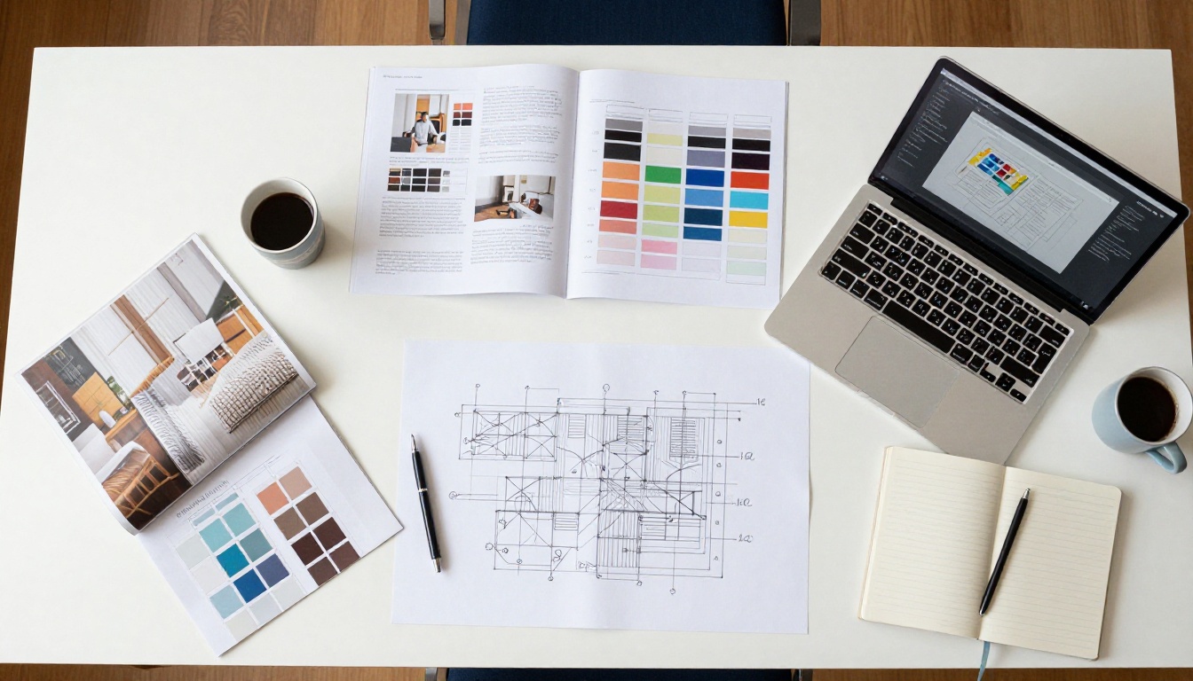 Creative professional workspace with printed materials and a flipbook design interface on a laptop Creative professional workspace with printed materials and a flipbook design interface on a laptop