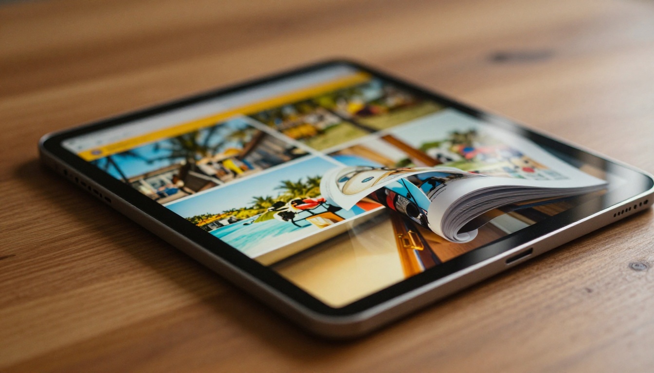A modern tablet displaying a vivid interactive flipbook page caught mid-turn on a warm wooden surface A modern tablet displaying a vivid interactive flipbook page caught mid-turn on a warm wooden surface