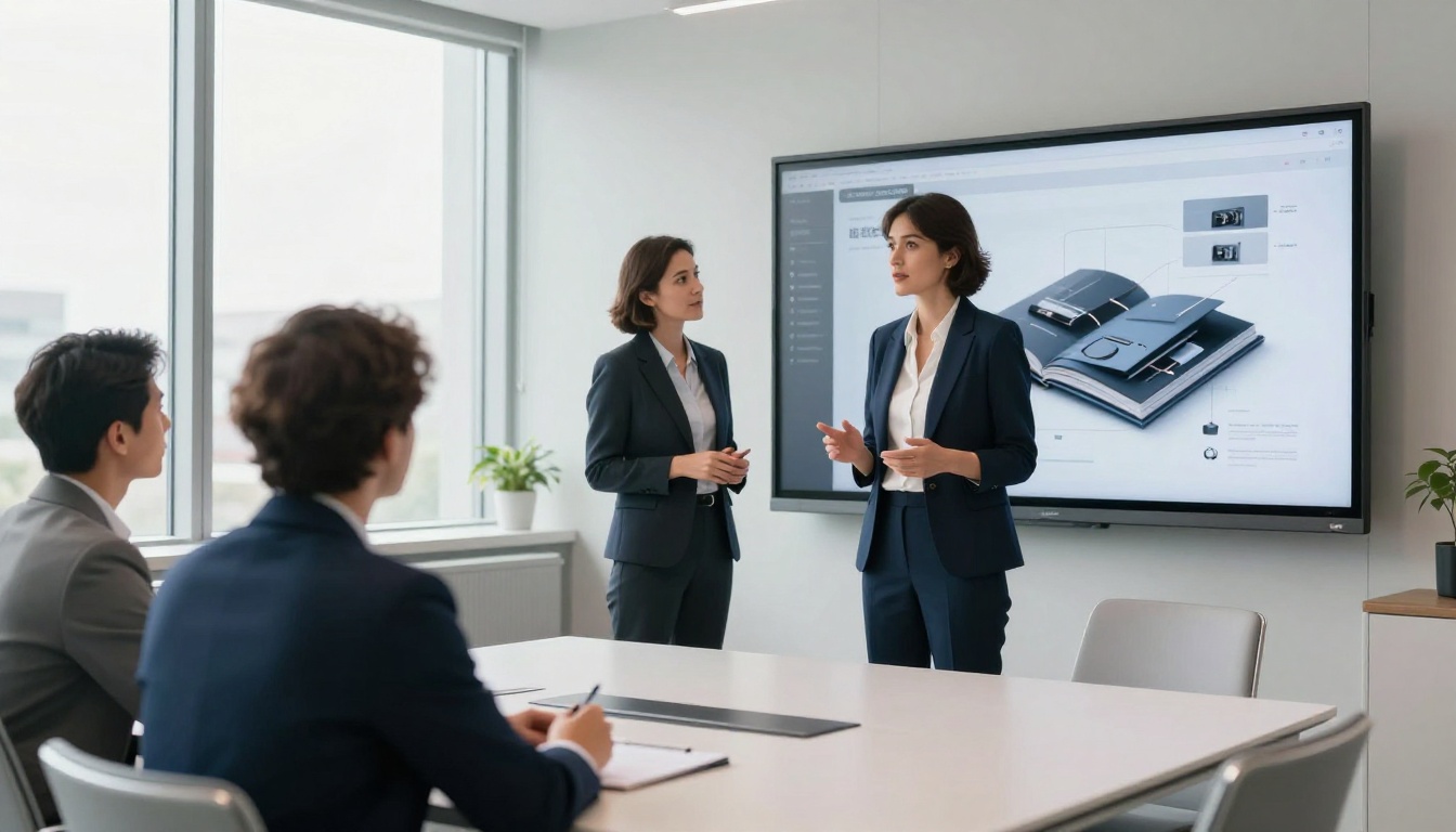 A confident professional presenting a digital flipbook on a large monitor to colleagues in a modern bright conference room A confident professional presenting a digital flipbook on a large monitor to colleagues in a modern bright conference room