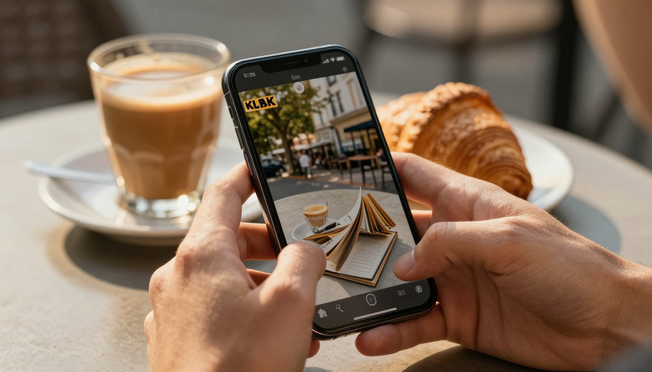 A person holding a smartphone at a sunny outdoor cafe terrace, browsing a mobile-optimized flipbook with a page-turn animation A person holding a smartphone at a sunny outdoor cafe terrace, browsing a mobile-optimized flipbook with a page-turn animation