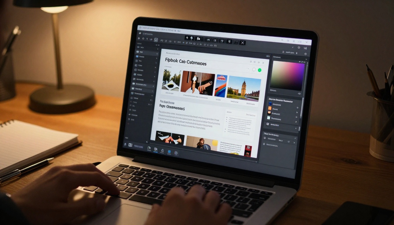 A laptop screen showing a flipbook customization editor with color palette and font options in a warm dimly lit office A laptop screen showing a flipbook customization editor with color palette and font options in a warm dimly lit office