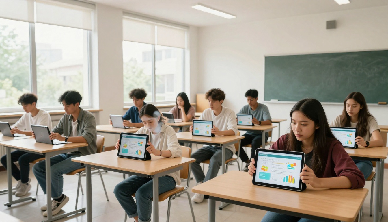 University students in a bright modern classroom using tablets to read interactive educational flipbooks with colorful charts University students in a bright modern classroom using tablets to read interactive educational flipbooks with colorful charts