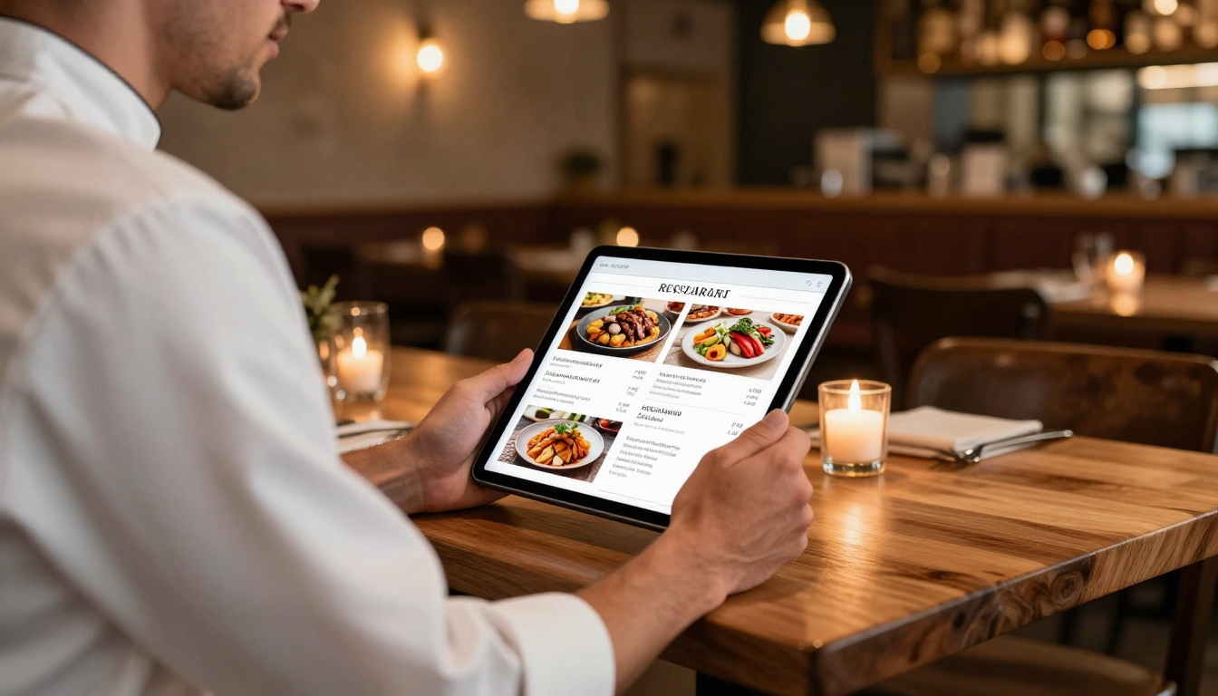 A restaurant owner reviewing a digital menu flipbook on an iPad at an elegantly set dining table with warm pendant lighting A restaurant owner reviewing a digital menu flipbook on an iPad at an elegantly set dining table with warm pendant lighting