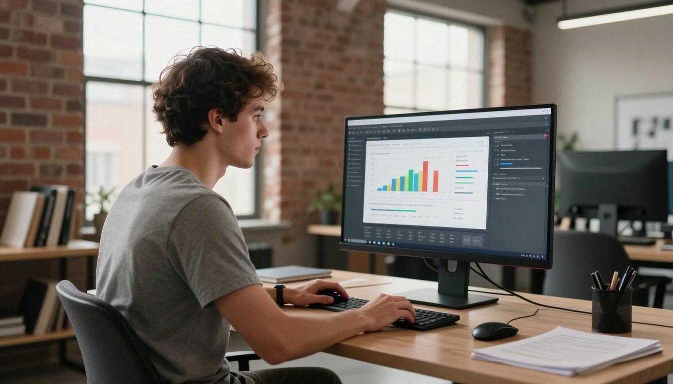 A young creative professional reviewing flipbook analytics on a large monitor in a bright modern studio loft with brick walls A young creative professional reviewing flipbook analytics on a large monitor in a bright modern studio loft with brick walls