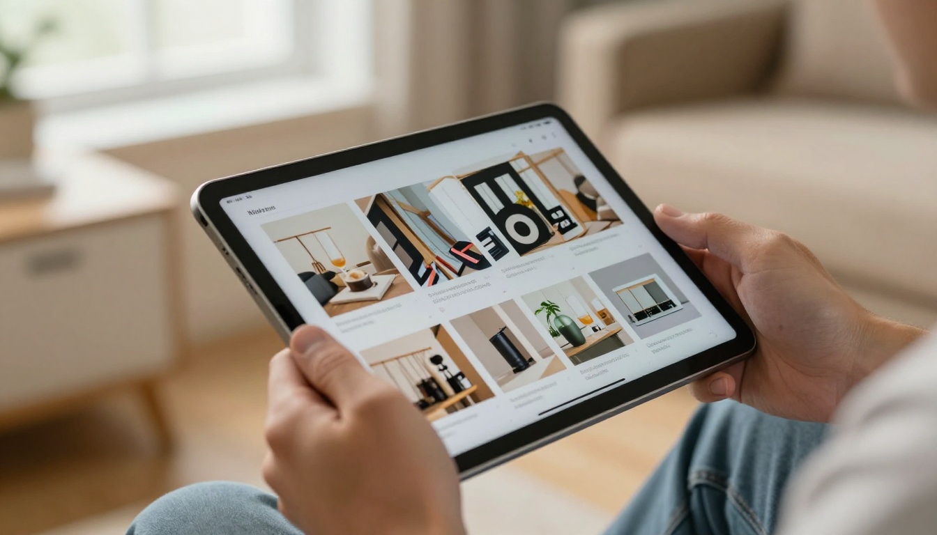 Close-up of masculine hands holding slim modern tablet displaying vivid digital flipbook with page caught mid-flip showing product catalog layout