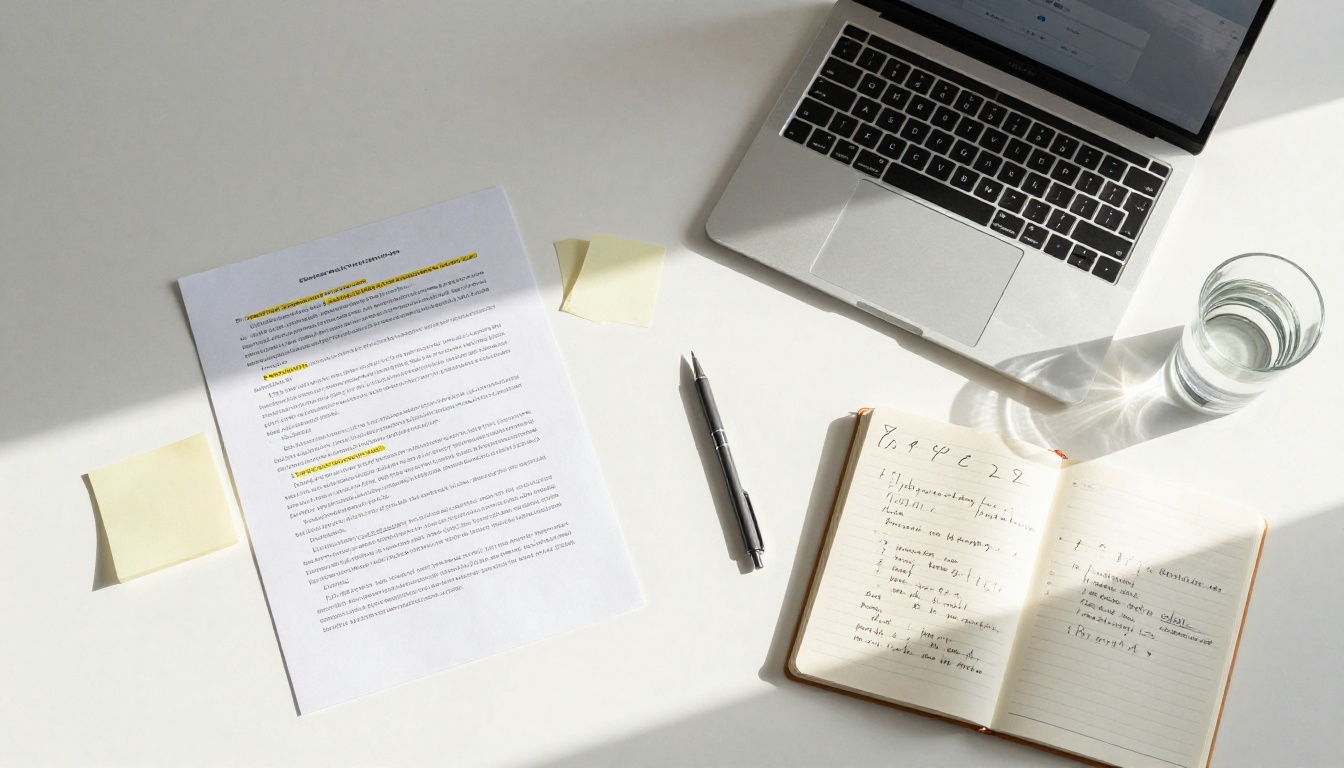 Clean modern office desk flat lay with printed PDF document, laptop showing upload interface, notebook, and glass of water in warm morning light
