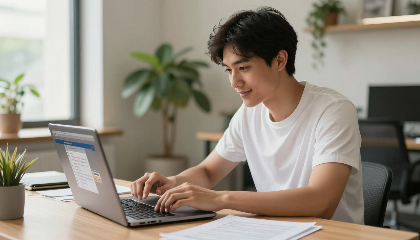 Young man uploading PDF file from laptop at bright co-working space desk, focused expression, modern open-plan office background softly blurred