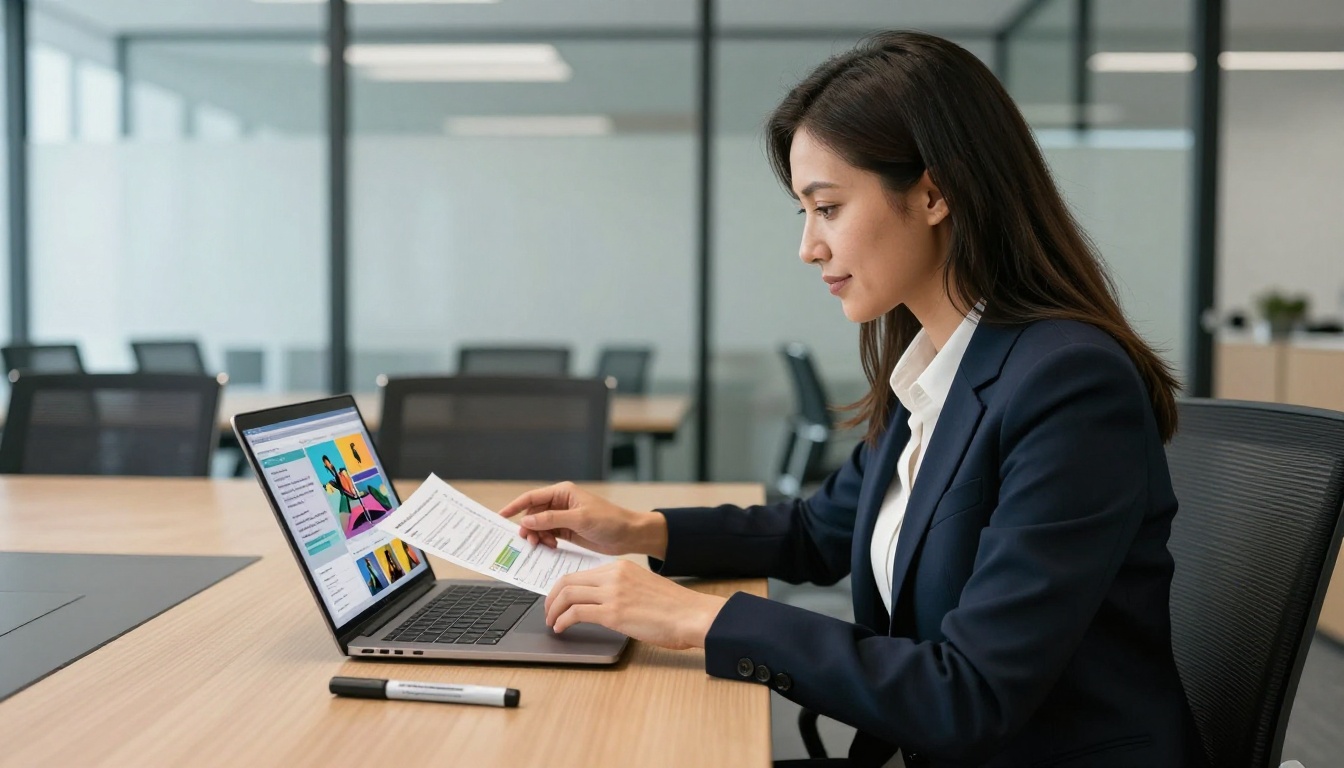 Confident businesswoman in navy blazer reviewing digital product catalog flipbook on laptop in glass-walled corporate meeting room