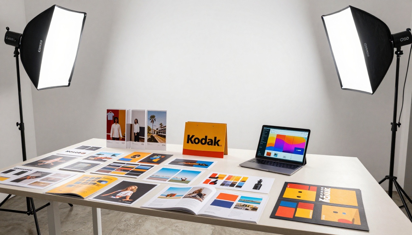 Wide angle vibrant modern retail studio with marketing materials, printed brochures, and tablet on stand showing digital flipbook with bold page-turn effect