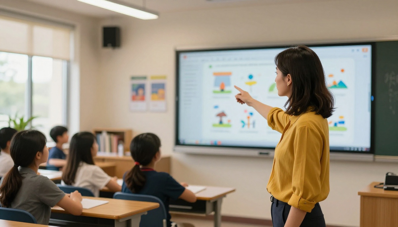 Female teacher in mustard yellow blouse pointing to large interactive whiteboard displaying colorful digital flipbook textbook in bright modern classroom