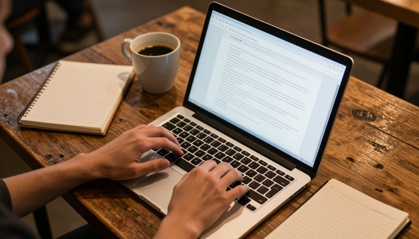 Overhead aerial view of laptop in coffee shop with document loading Overhead aerial view of laptop in coffee shop with document loading