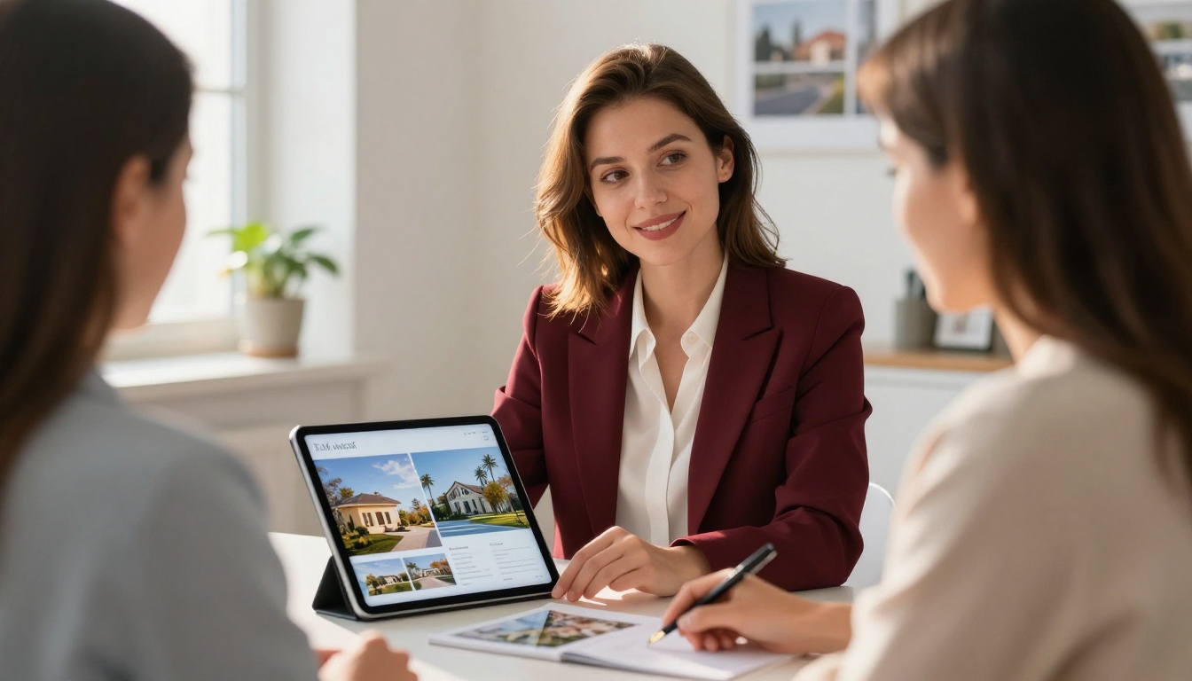 Real estate agent in burgundy blazer showing property listing flipbook on iPad Pro to clients across desk in bright modern office