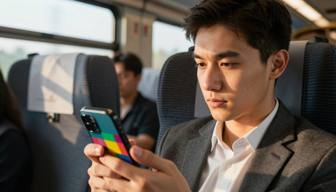 Young professional reading flipbook on smartphone on a train Young professional reading flipbook on smartphone on a train