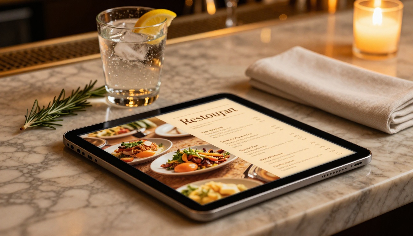 Sleek iPad on marble restaurant bar counter displaying open digital menu flipbook beside glass of sparkling water with ice and lemon, warm candlelight glow