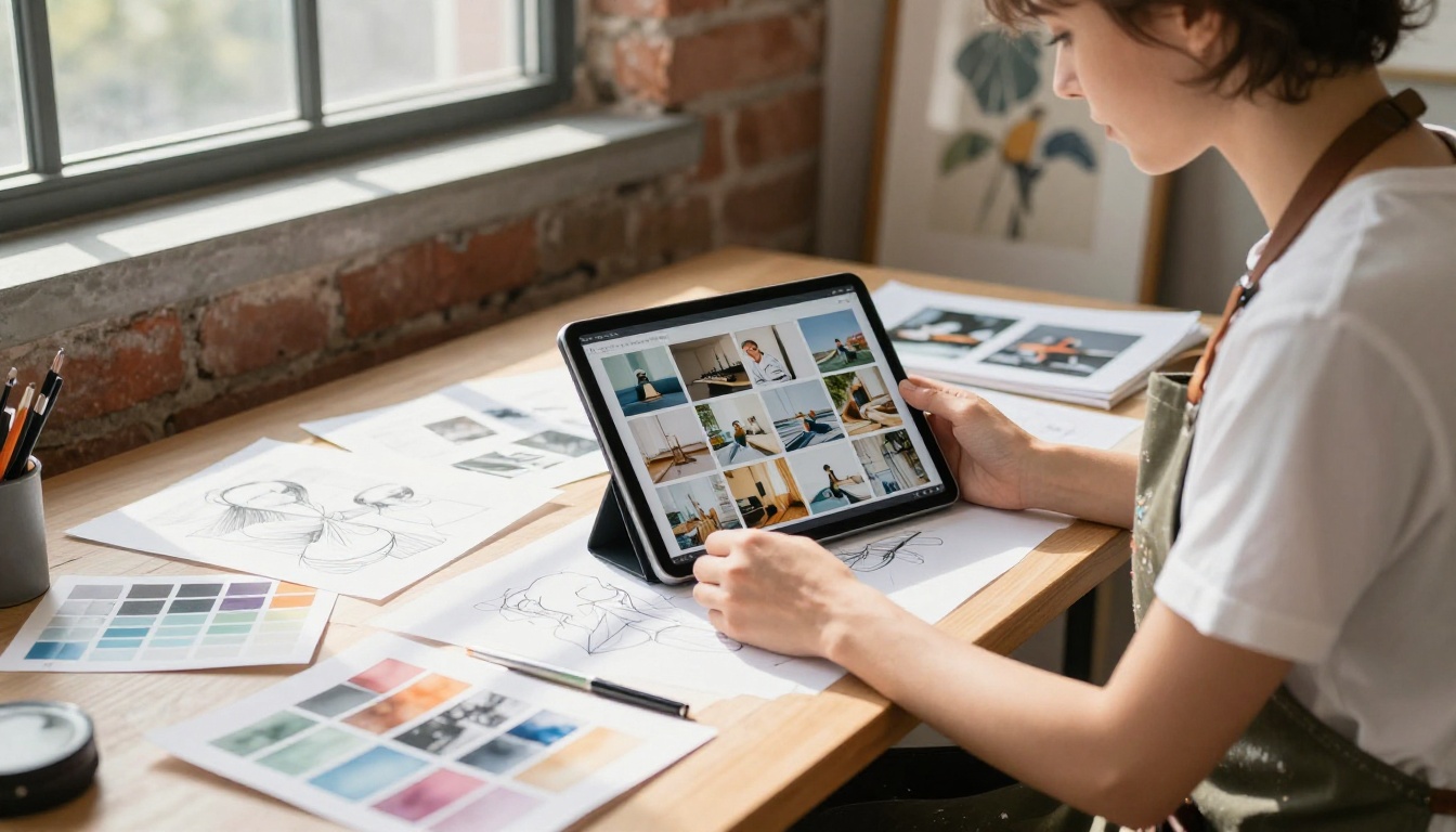 Creative professional in olive canvas apron reviewing digital portfolio flipbook on tablet at sun-drenched studio desk with design sketches and exposed brick background