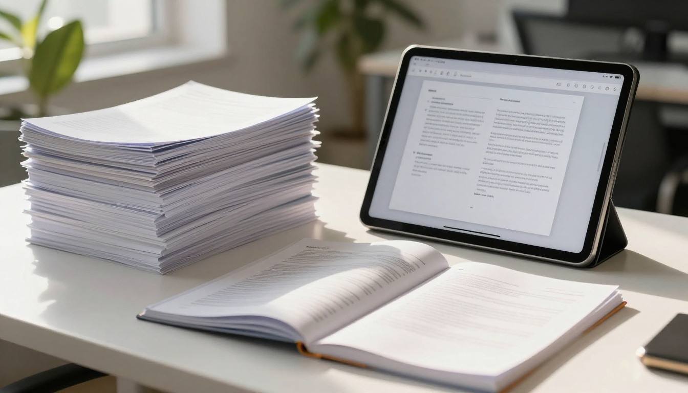 Stack of printed PDF documents next to tablet showing a digital flipbook Stack of printed PDF documents next to tablet showing a digital flipbook