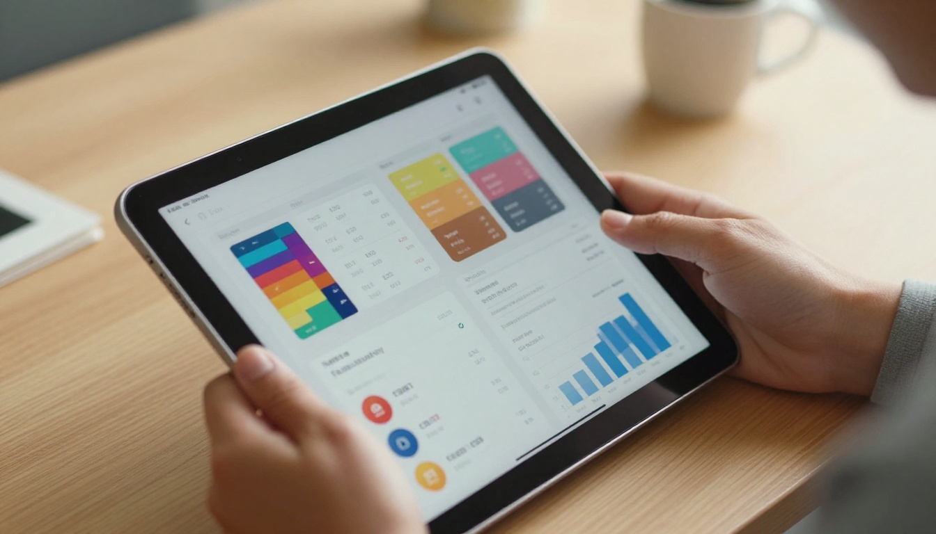 Hands holding a tablet displaying brochure analytics with page-view numbers