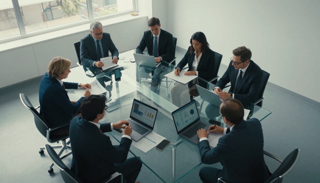 Business team reviewing digital analytics reports at a conference table