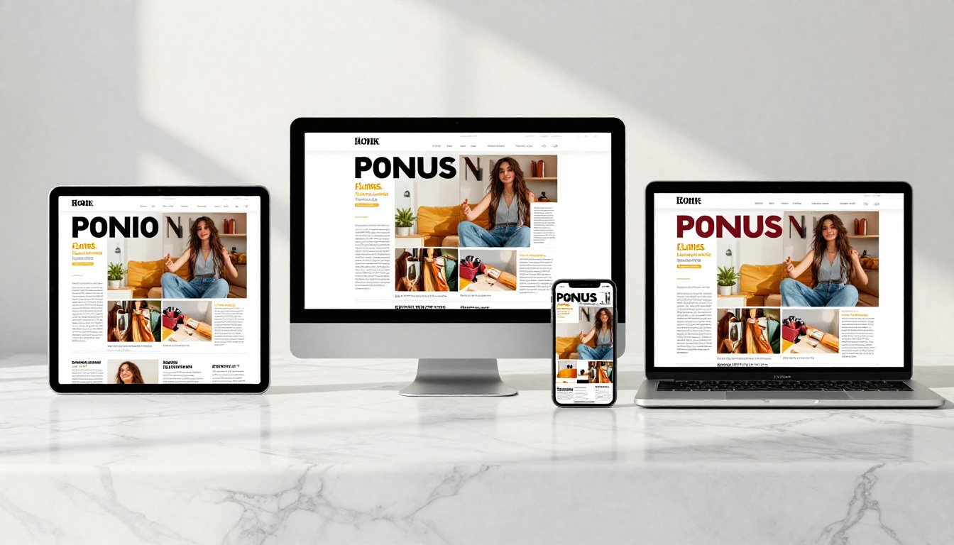Interactive digital magazine displayed on tablet, phone, and laptop on a marble desk