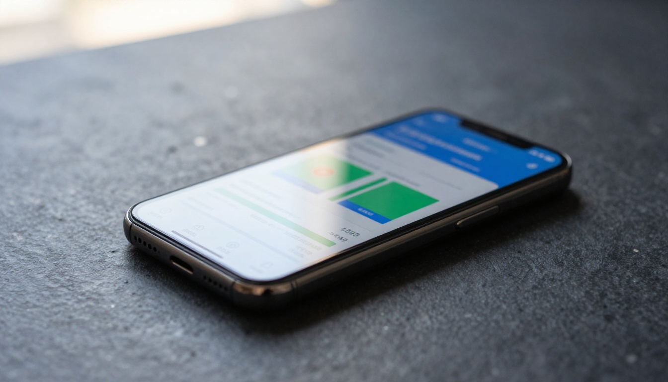 Low-angle smartphone displaying colorful analytics charts on a polished slate desk