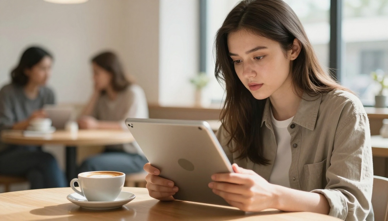 Young woman reading a digital magazine on an iPad in a Scandinavian cafe