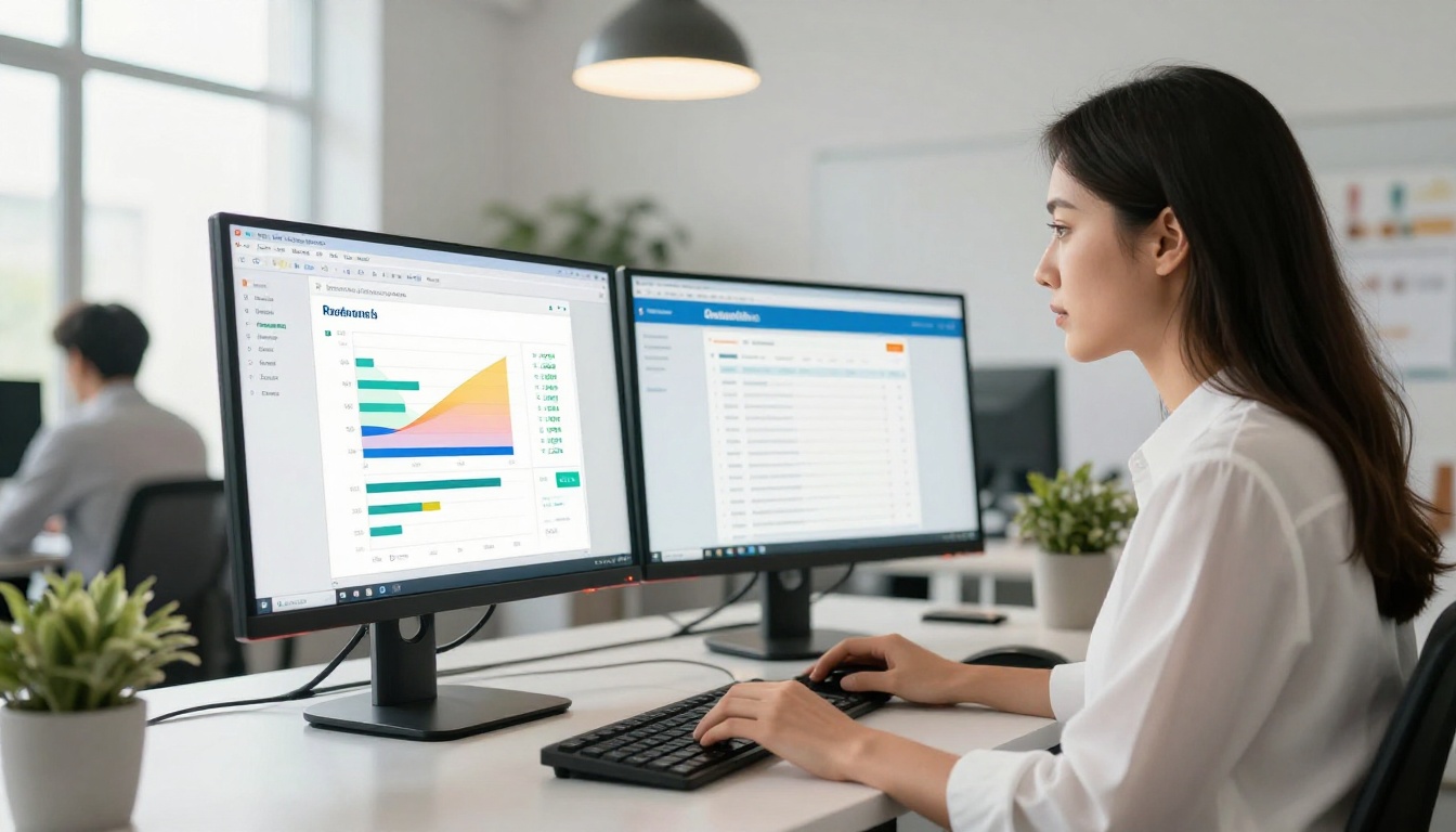 Professional woman at standing desk reviewing dual monitor analytics dashboards