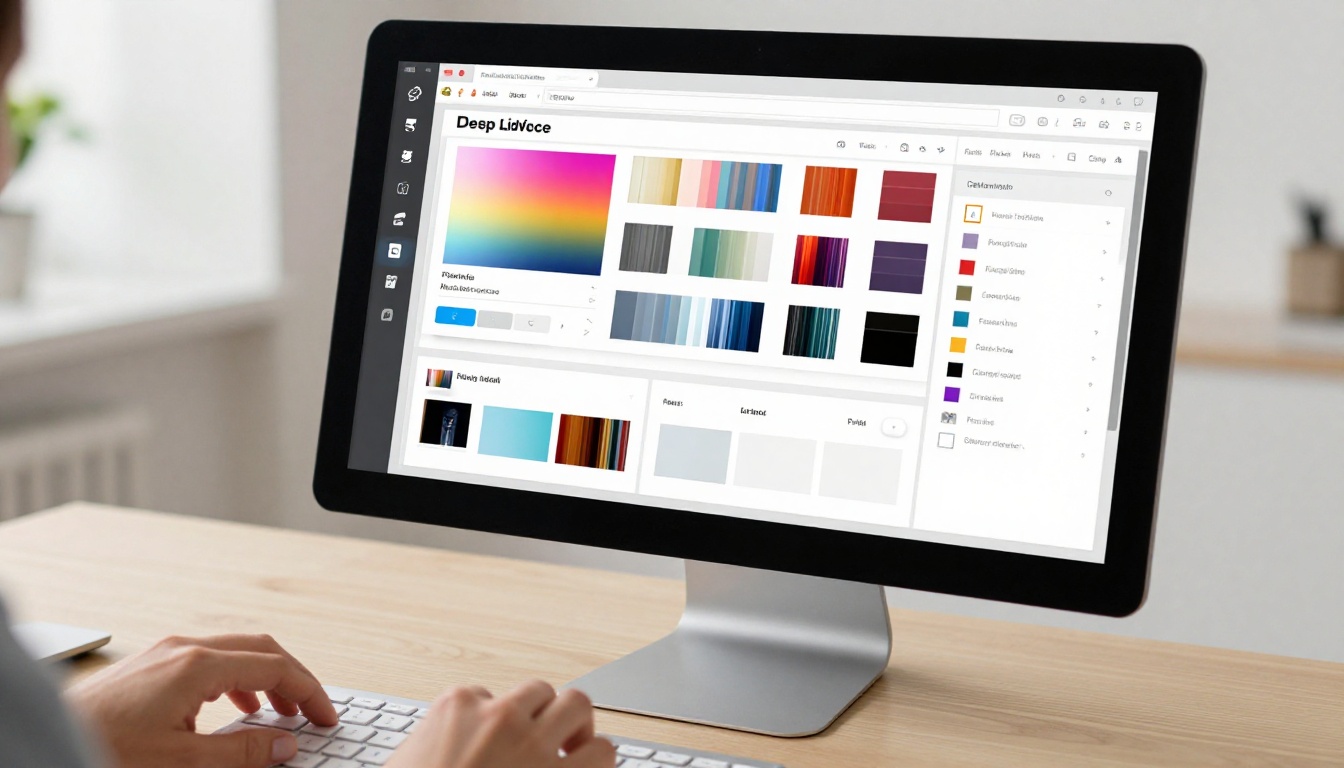 Digital magazine customization dashboard on an iMac showing color and layout options