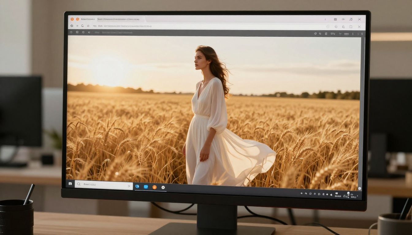 A stunning fashion editorial spread displayed on a large widescreen monitor