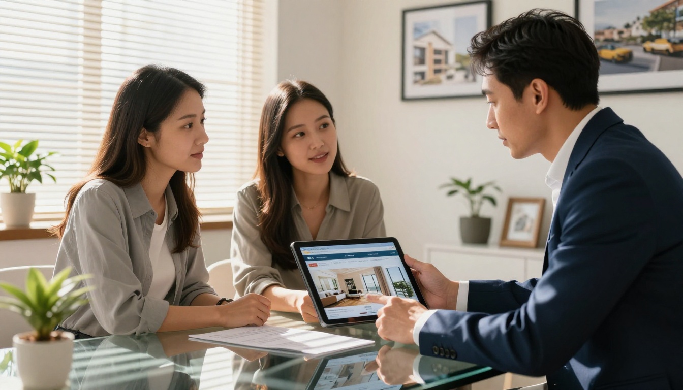 Real estate agent showing a tablet with a property brochure to an engaged couple in a bright office