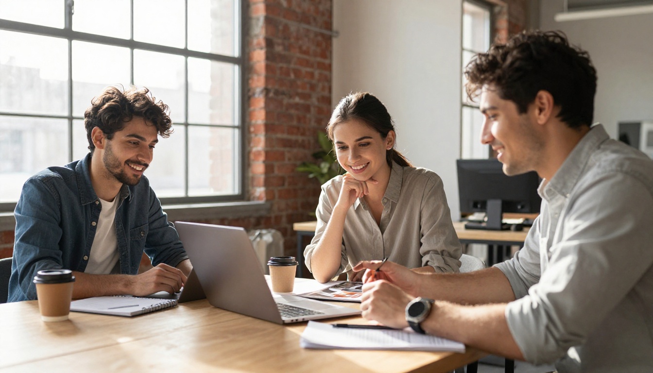Three colleagues collaborating on a digital magazine in a modern office with brick walls