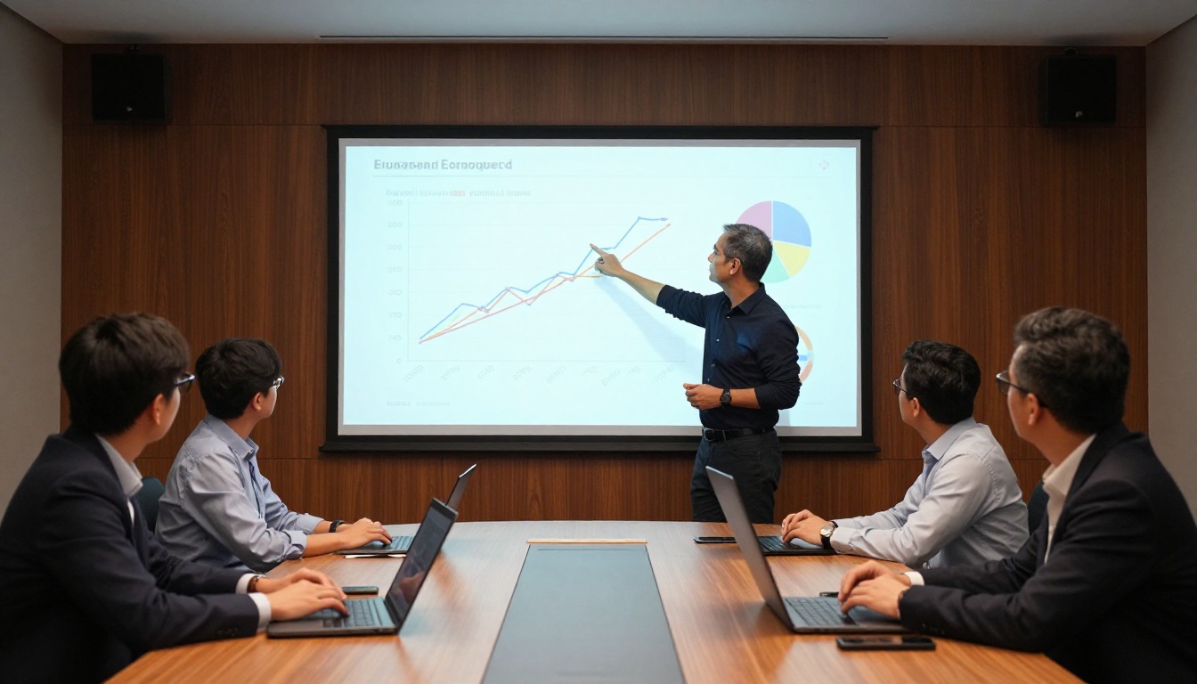 Sales team in boardroom reviewing colorful engagement metric charts on a presentation screen