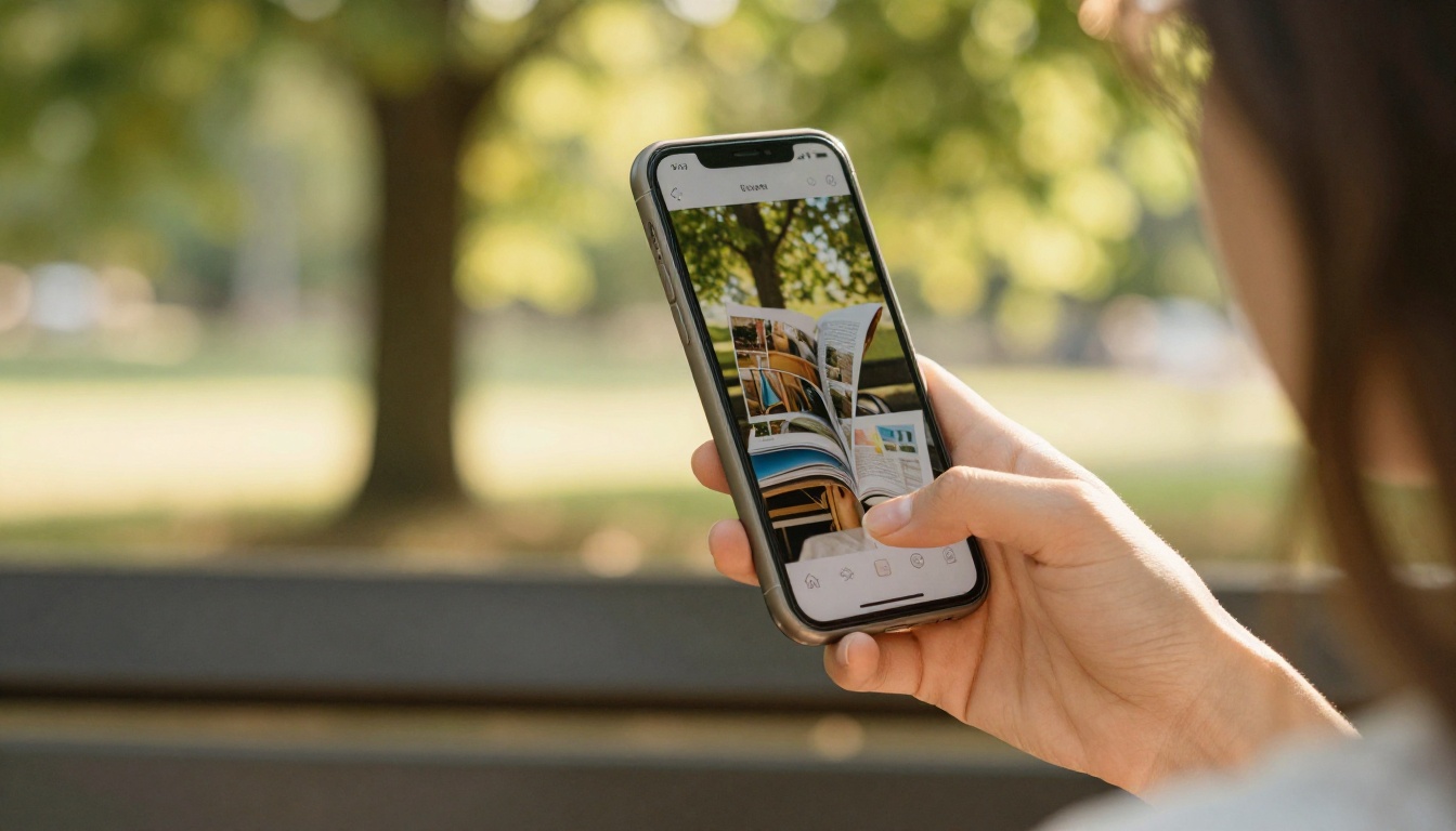 Woman reading a digital magazine on a smartphone in a park with dappled sunlight