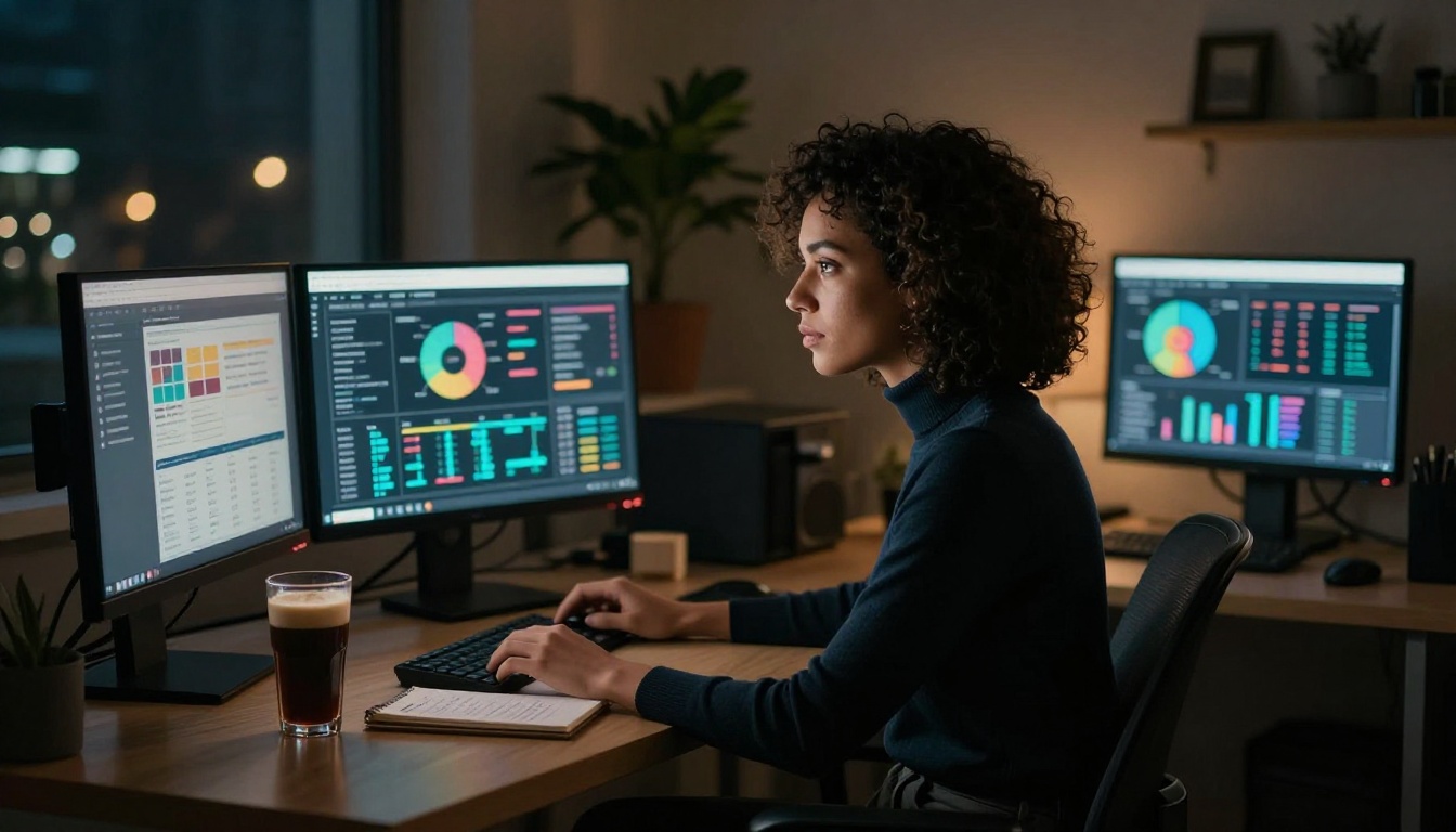 Marketing professional in a dimly lit home office with multiple campaign analytics screens glowing