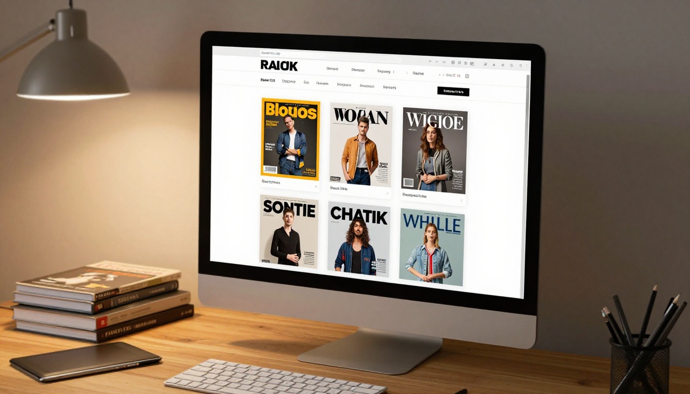 Magazine template selection grid on a desktop monitor in a creative professional's workspace