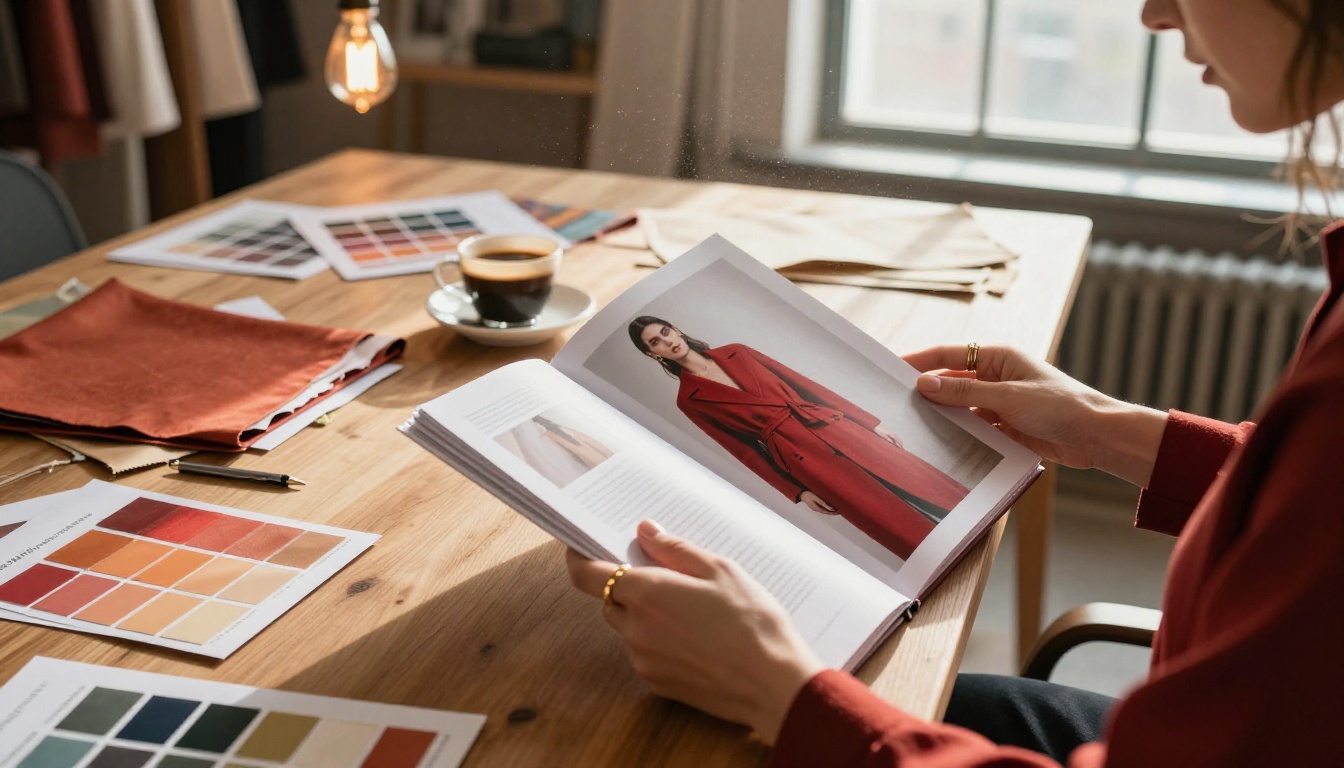 Fashion designer reviewing lookbook at studio table