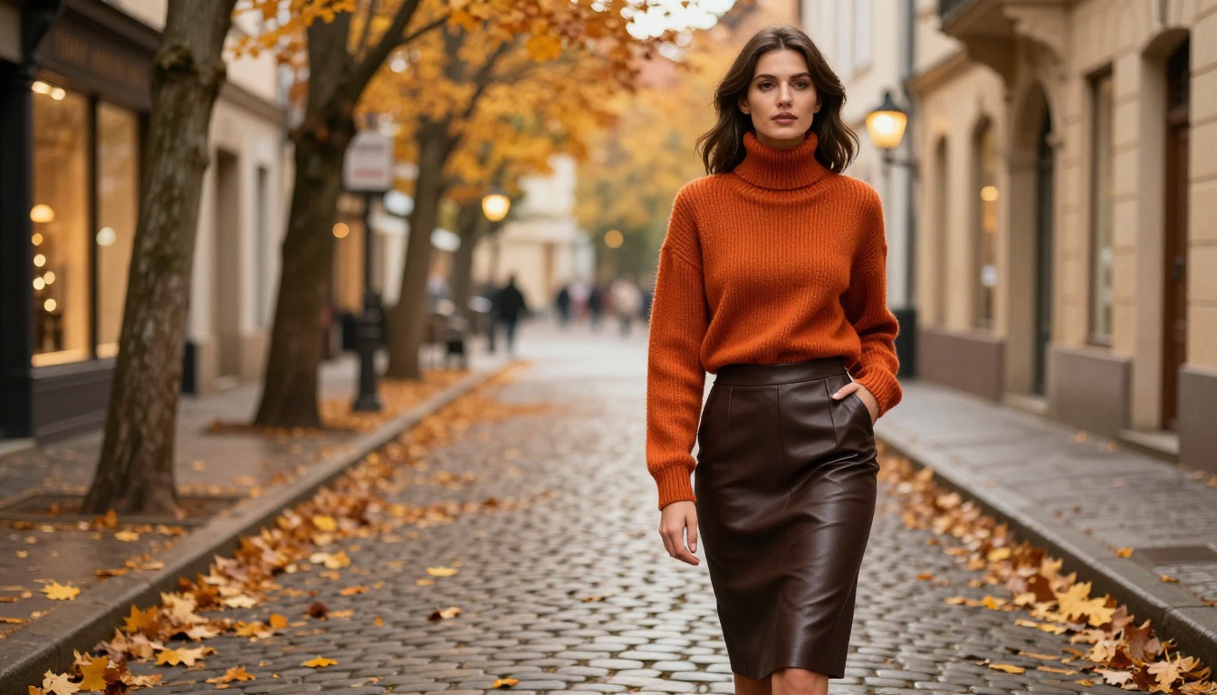 Female model in autumn collection on European cobblestone street