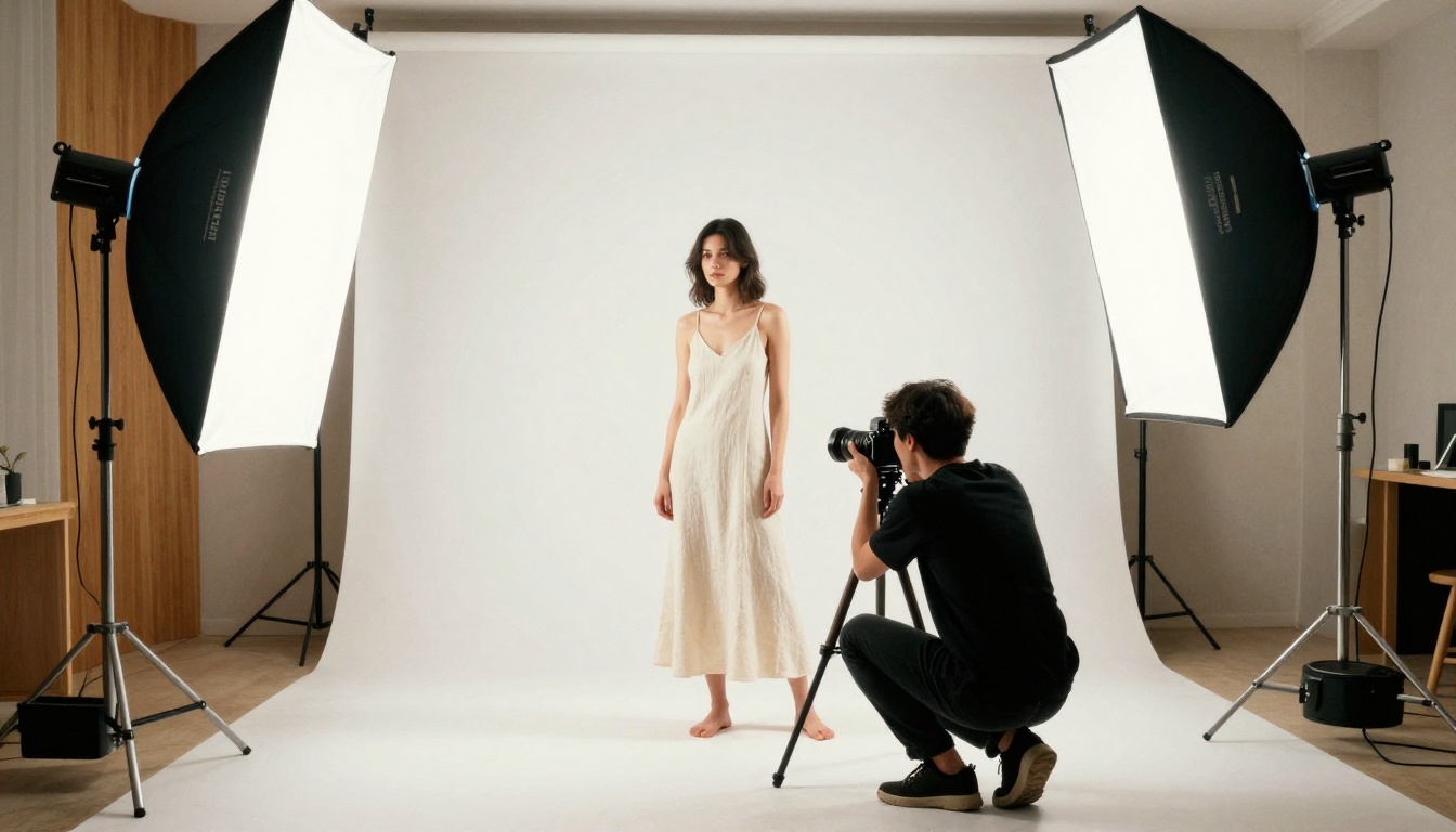 Fashion photographer in studio with model in cream linen dress