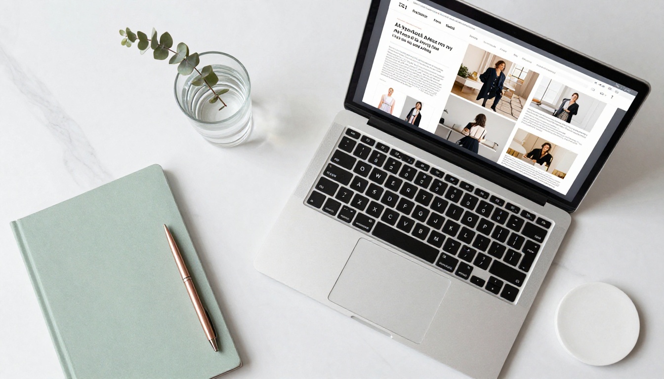 Digital interactive lookbook on laptop flatlay on marble desk