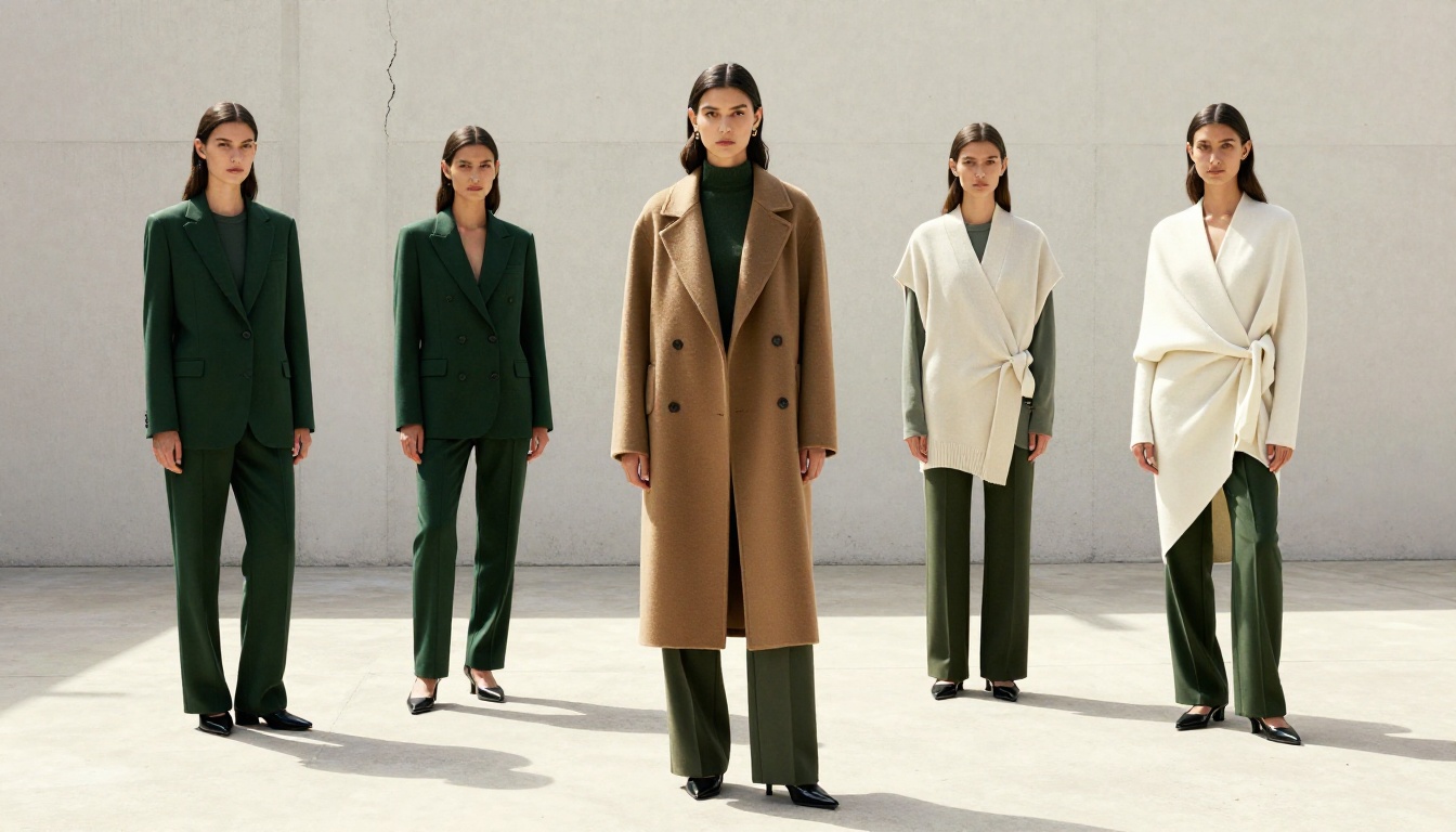 Three female models in coordinated seasonal collection in courtyard