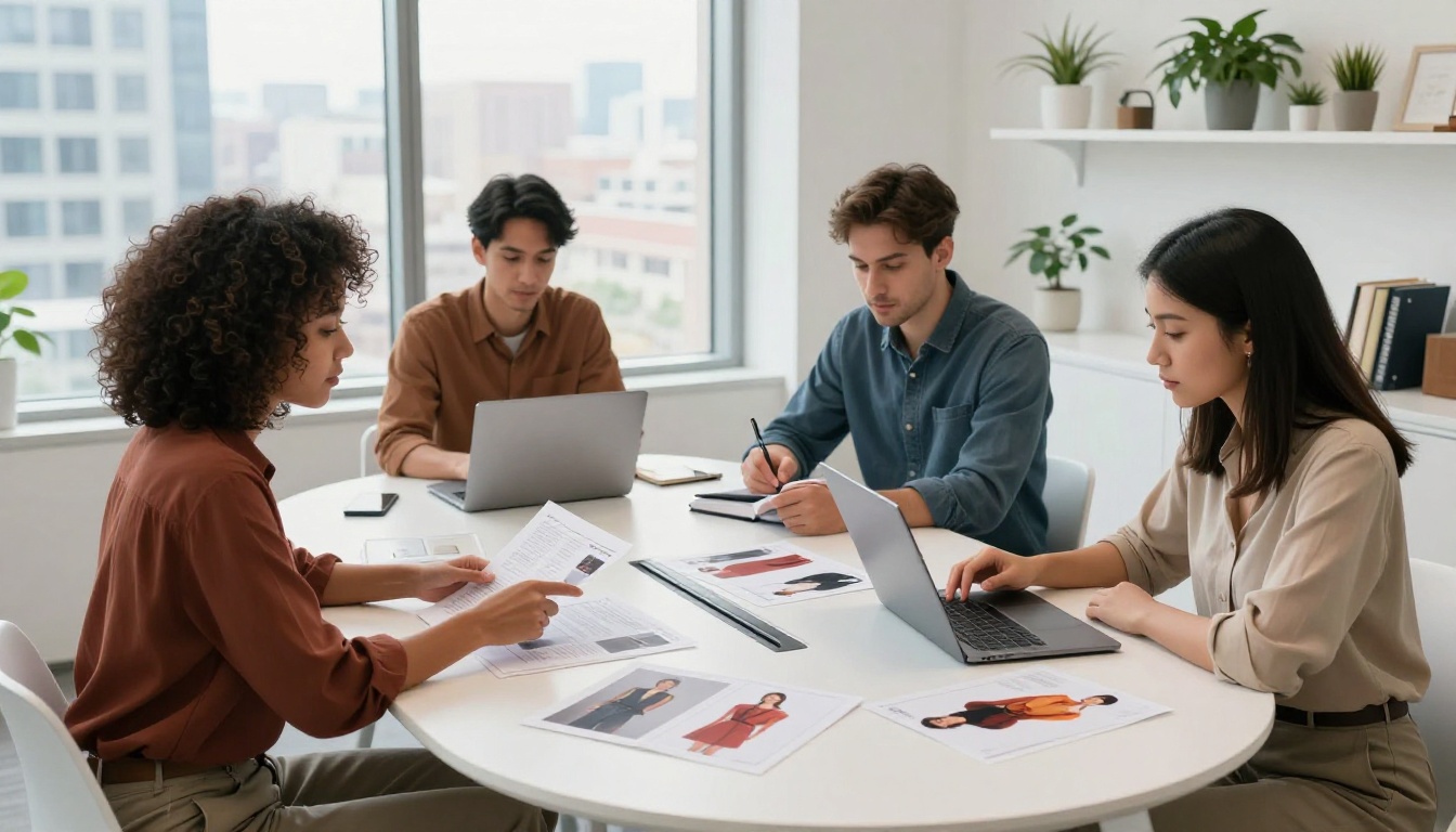 Fashion marketing team reviewing lookbook pages in modern office
