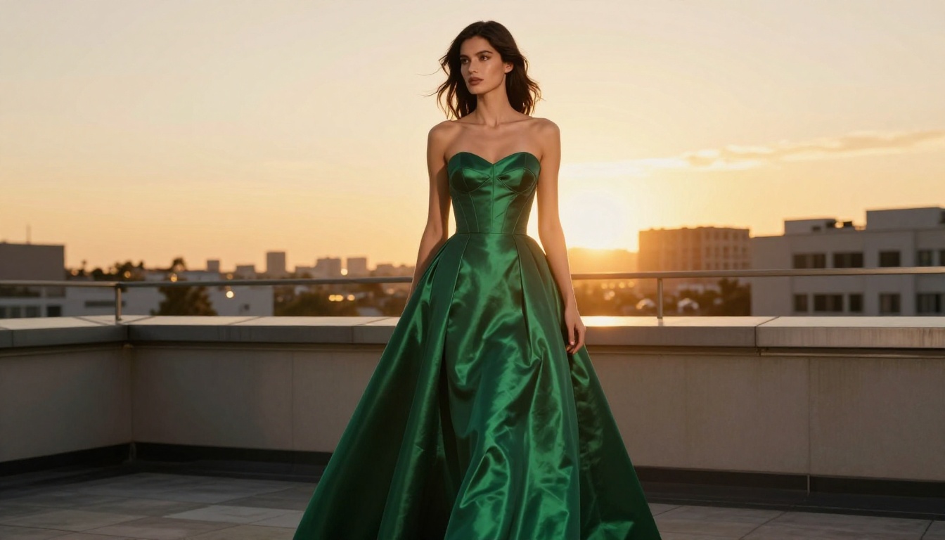 Elegant female model in emerald gown on rooftop at golden hour