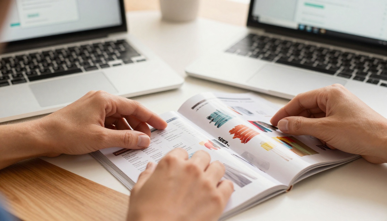 Hands placing a printed product catalog next to a laptop with an upload interface on screen Hands placing a printed product catalog next to a laptop with an upload interface on screen