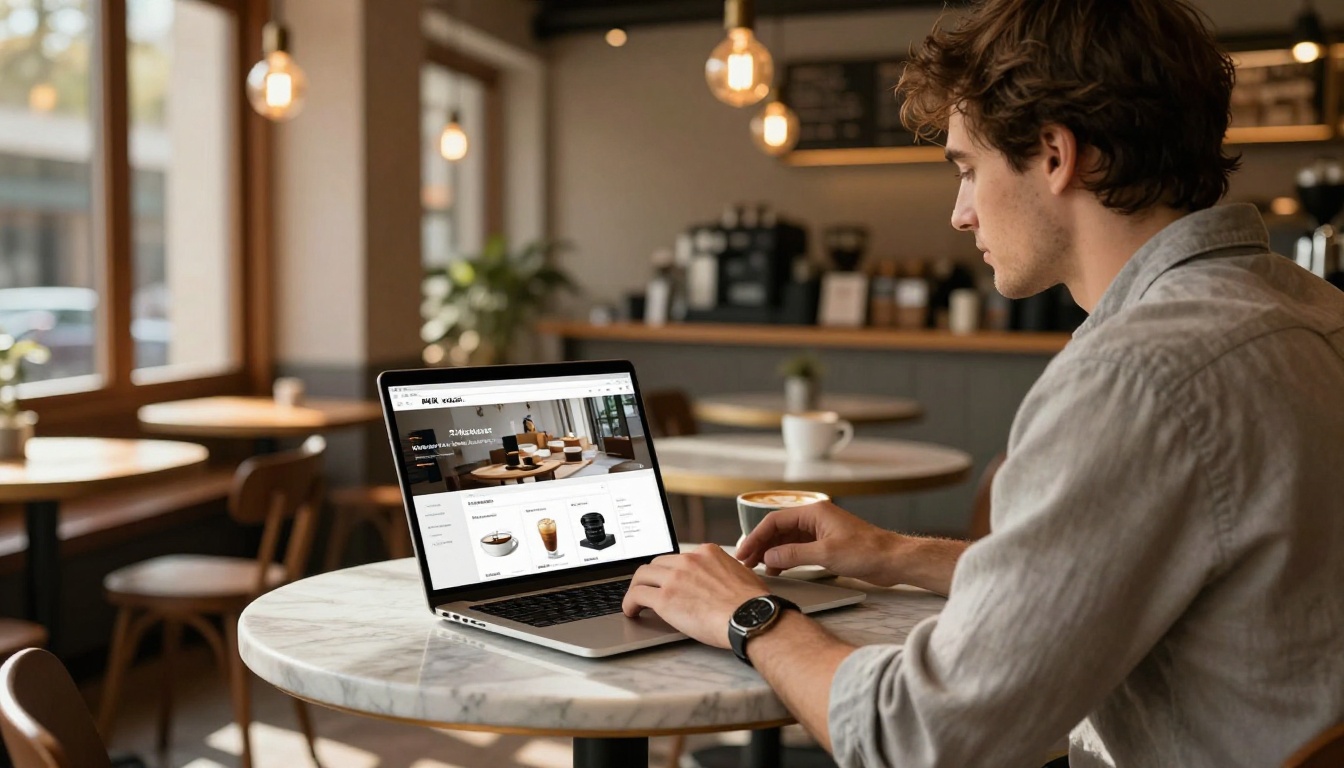 Young professional browsing a digital product catalog on a laptop in a coffee shop Young professional browsing a digital product catalog on a laptop in a coffee shop