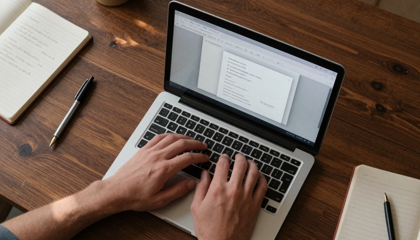 Overhead view of hands exporting a document as PDF from a laptop