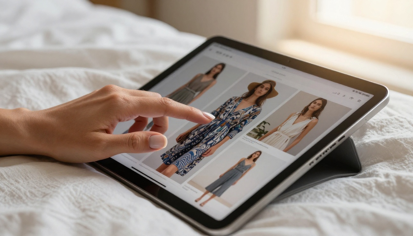 Woman swiping through a digital fashion catalog on an iPad with natural window light Woman swiping through a digital fashion catalog on an iPad with natural window light